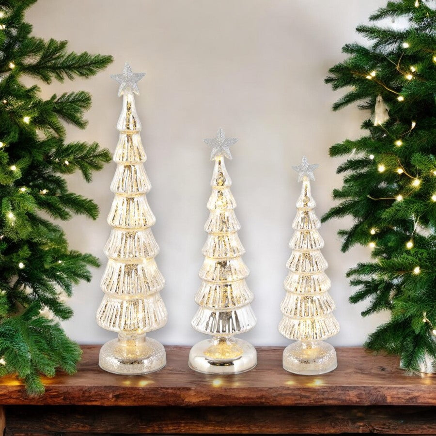 Silver Mercury Glass Glitter Star Top LED Trees - Mellow Monkey