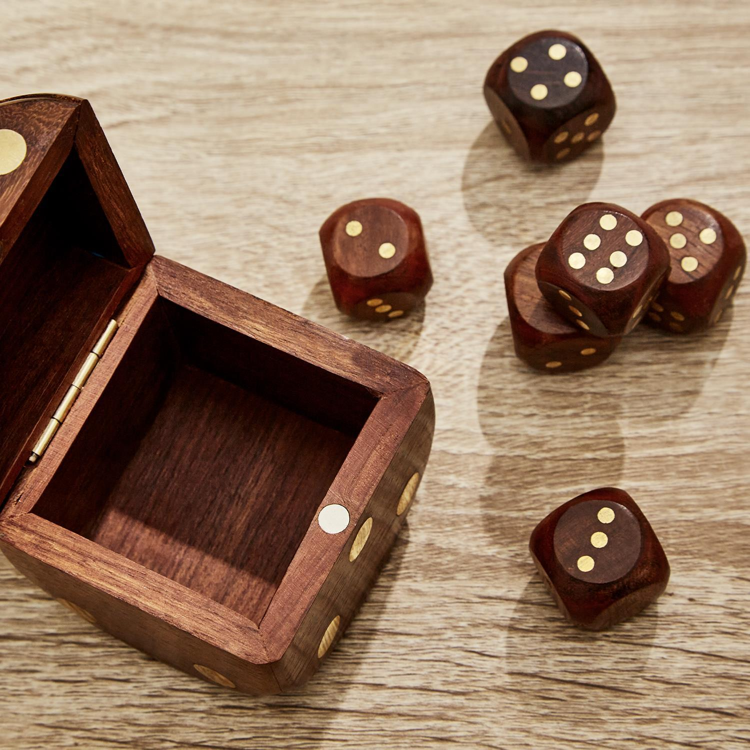 Wood Crafted Dice Box with 6 Dice - Mellow Monkey