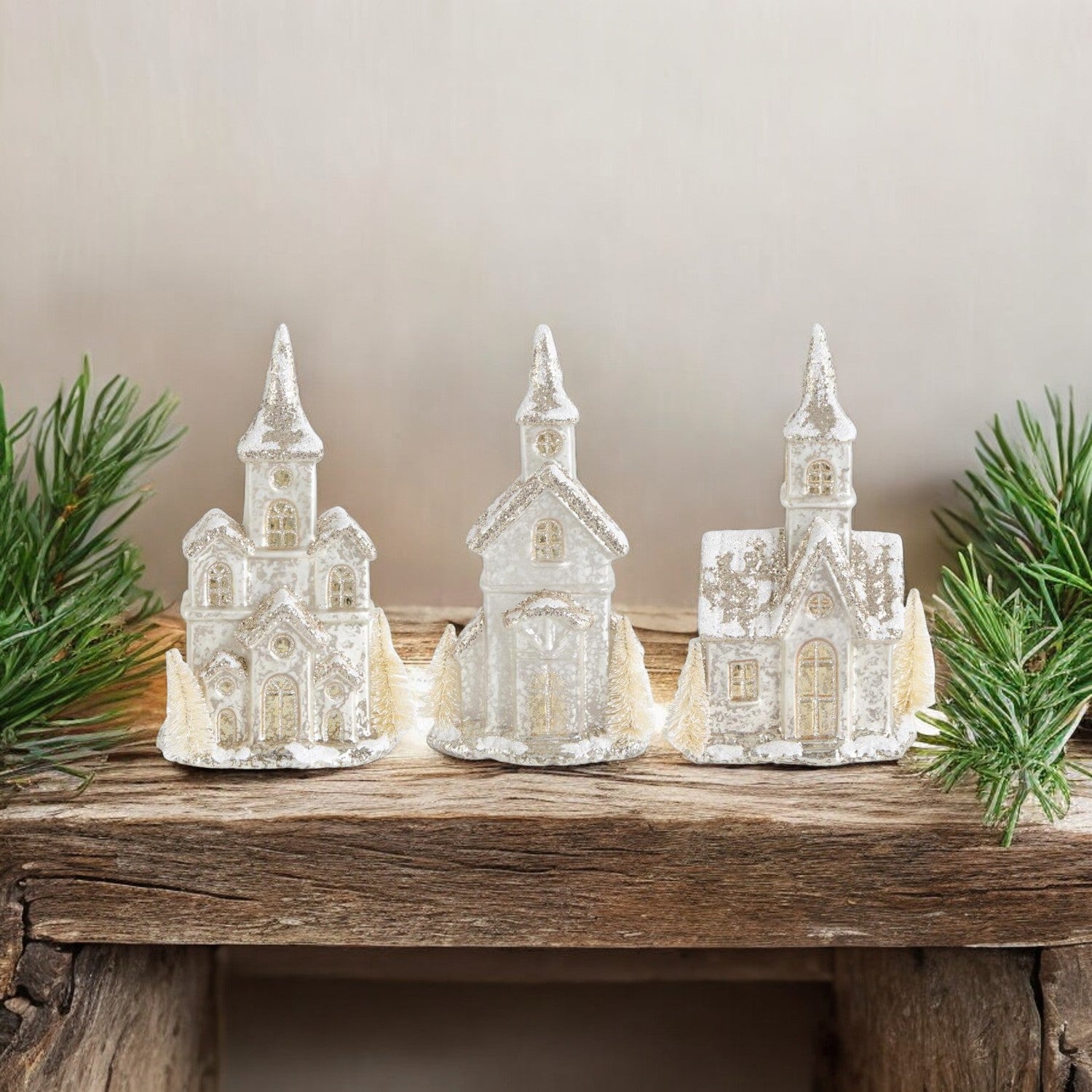 Glittered LED Silver Mercury Glass Church with Timer - Mellow Monkey