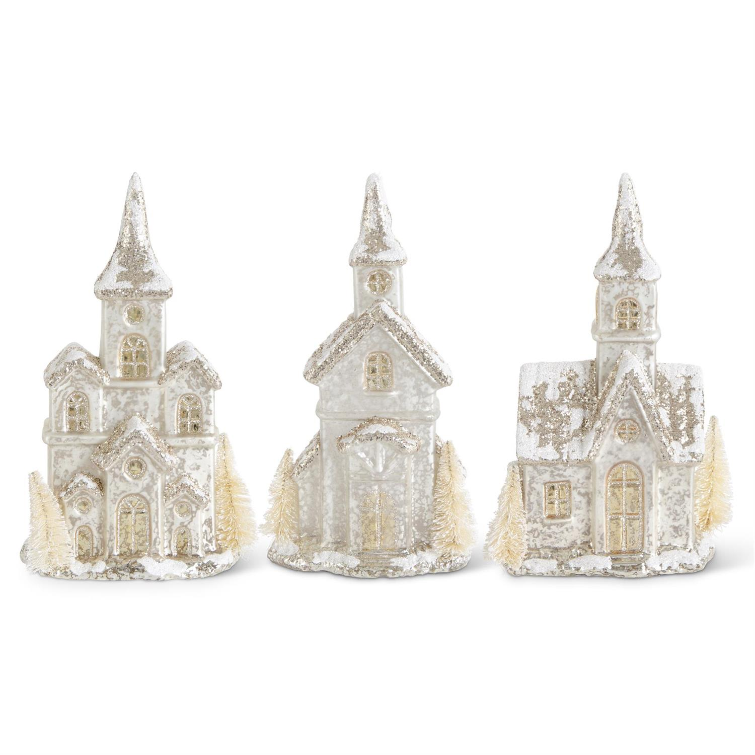 Glittered LED Silver Mercury Glass Church with Timer - Mellow Monkey