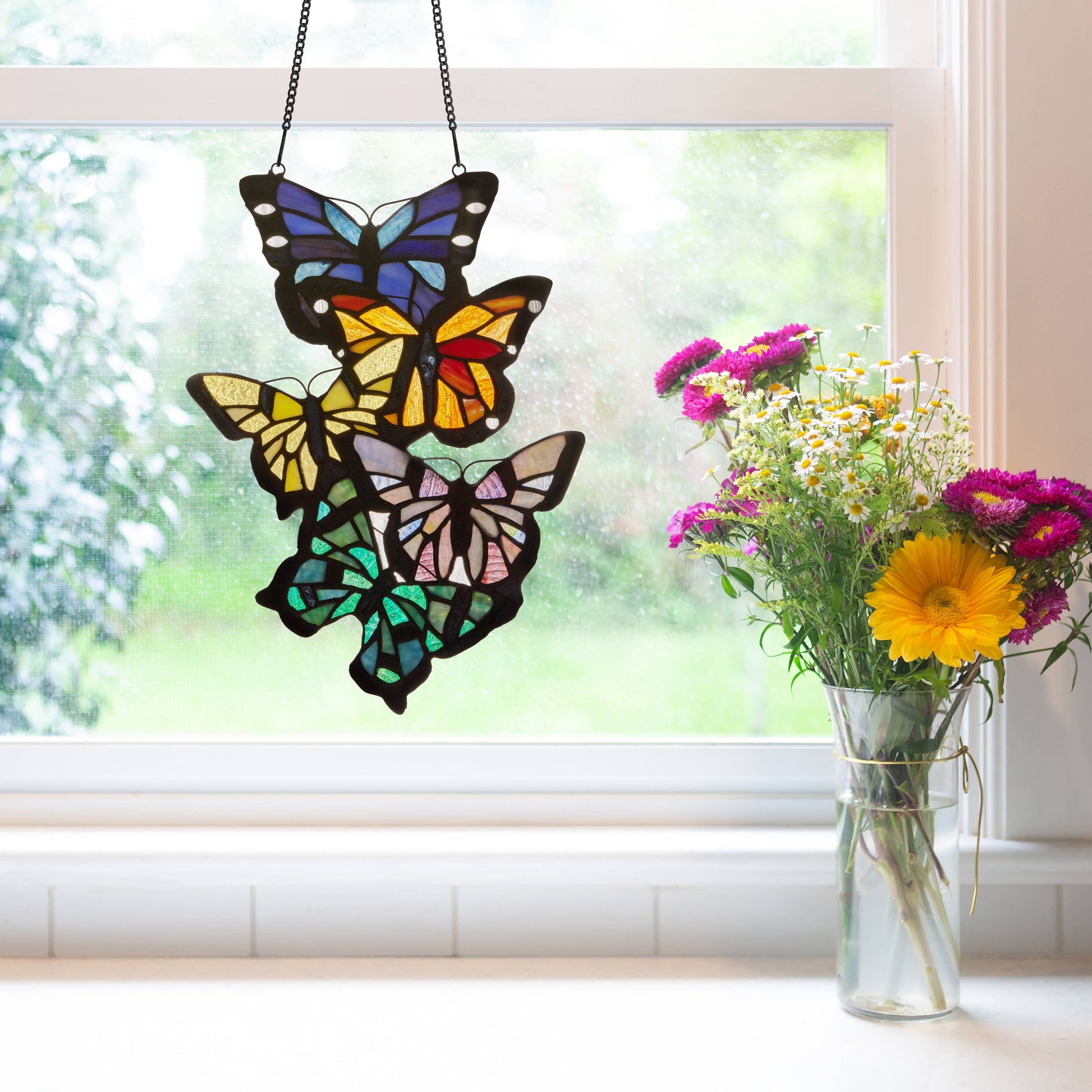 Butterfly Cluster Stained Glass Window Panel - 13-1/4-in - Mellow Monkey