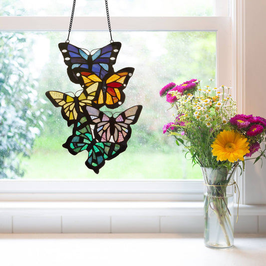 Butterfly Cluster Stained Glass Window Panel - 13-1/4-in - Mellow Monkey