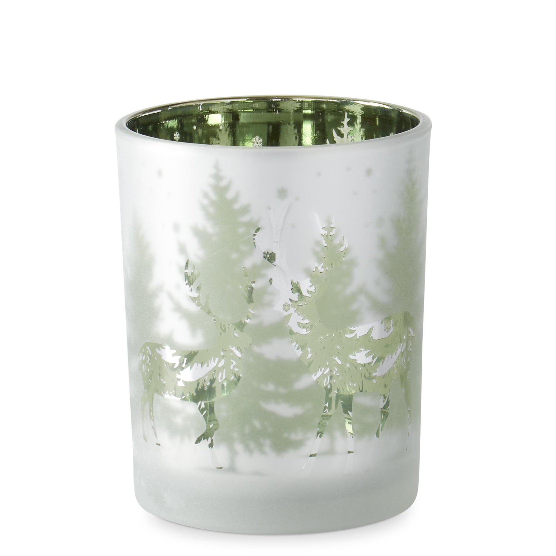 Two-Tone Green Frosted Glass Deer Winter Scene Candle Holder - Mellow Monkey