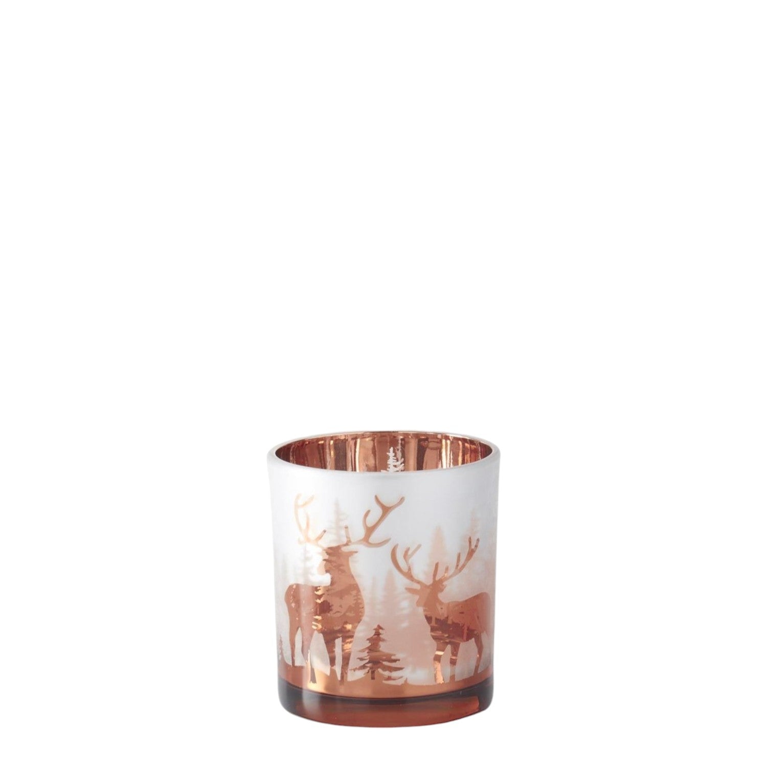 Two-Tone Rose Gold Frosted Glass Deer Winter Scene Candle Holder - Mellow Monkey