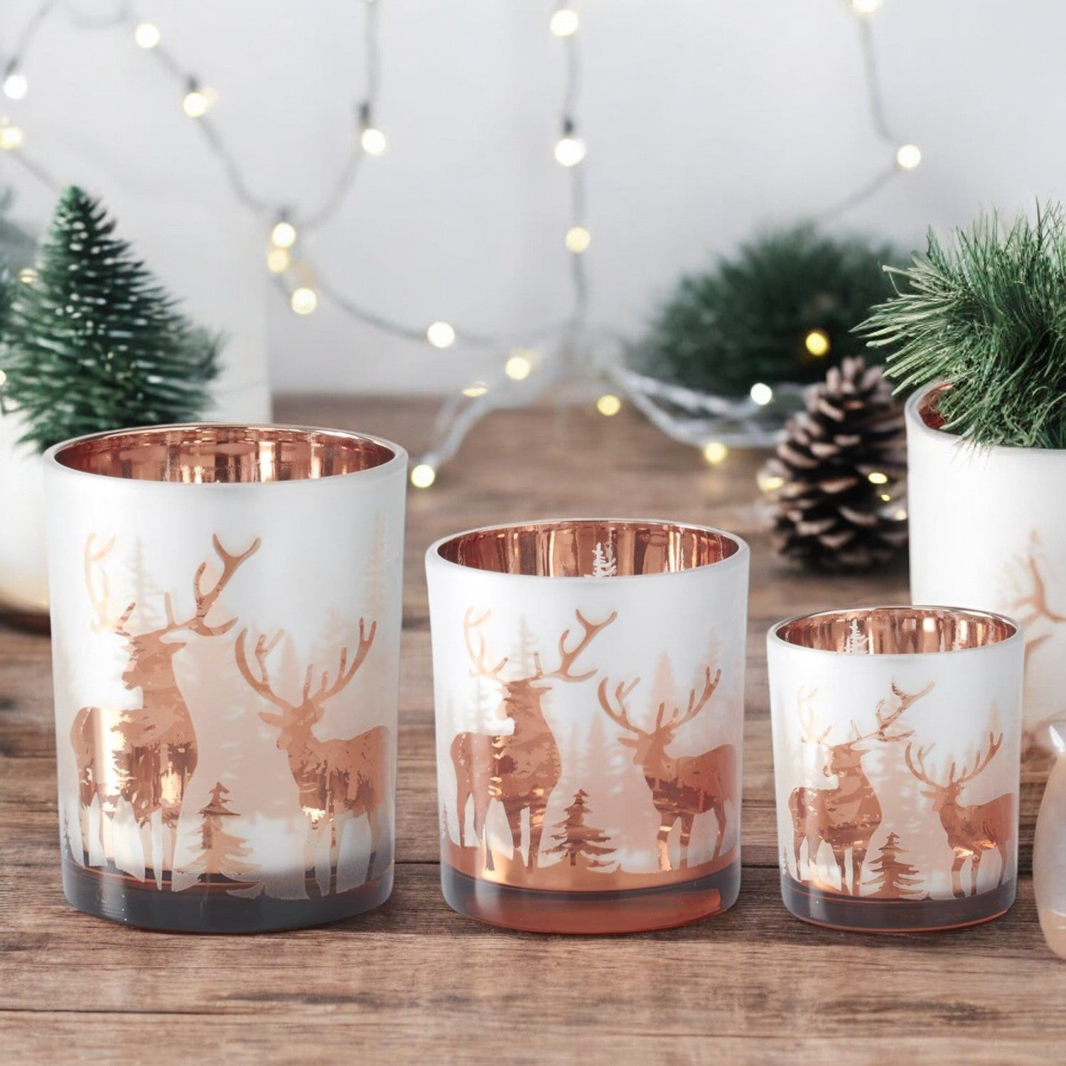 Two-Tone Rose Gold Frosted Glass Deer Winter Scene Candle Holder - Mellow Monkey