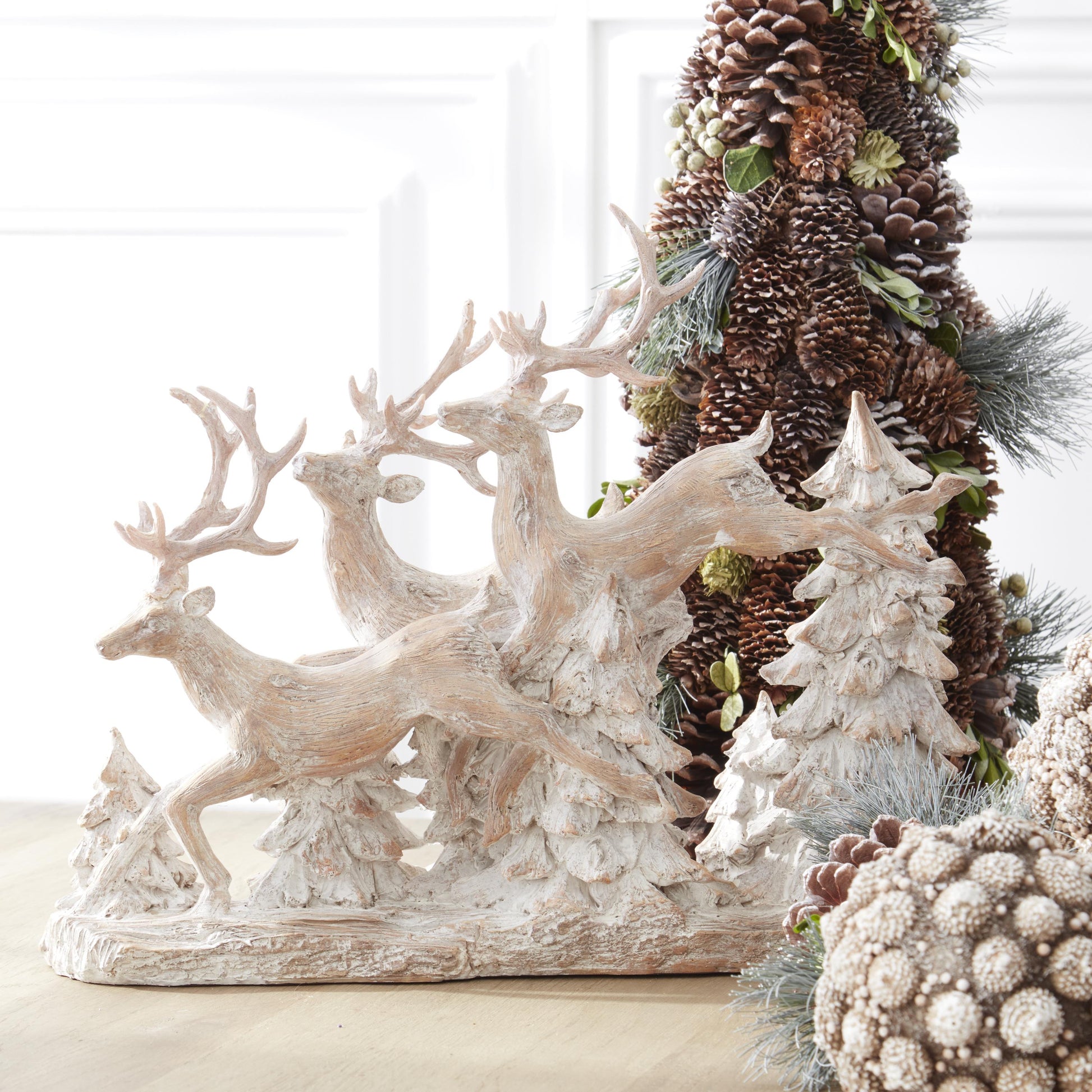 Whitewashed Prancing Reindeer Resin Winter Scene - 15-1/4-in - Mellow Monkey