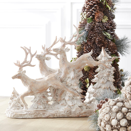 Whitewashed Prancing Reindeer Resin Winter Scene - 15-1/4-in - Mellow Monkey