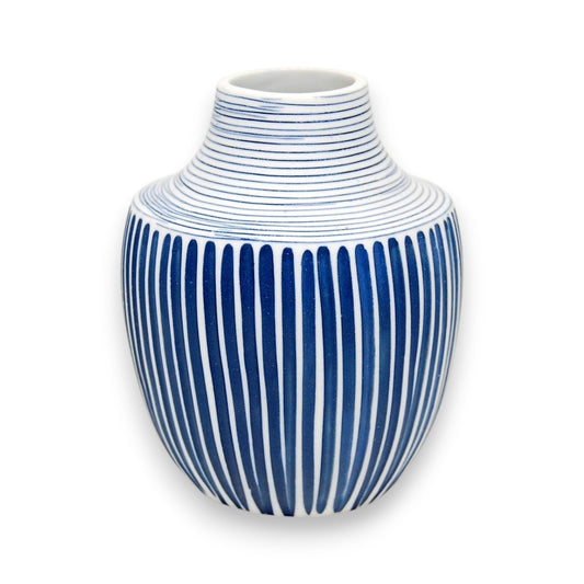 Mini Inca - Handcrafted Porcelain Vase - Blue with White Stripes - 3.5 x 3.5 x 4.3 in - Mellow Monkey