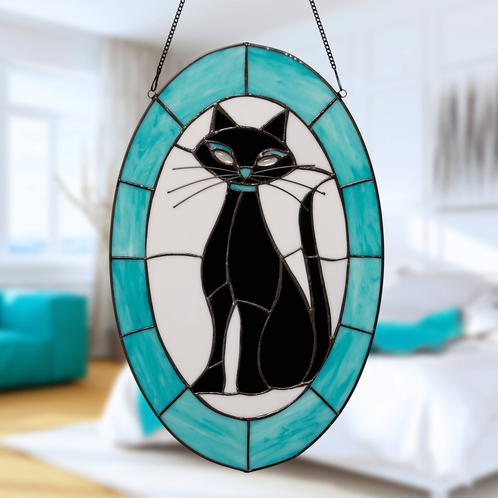 Tiffany-Style Black Cat Stained Glass Window Panel - 17-in - Mellow Monkey