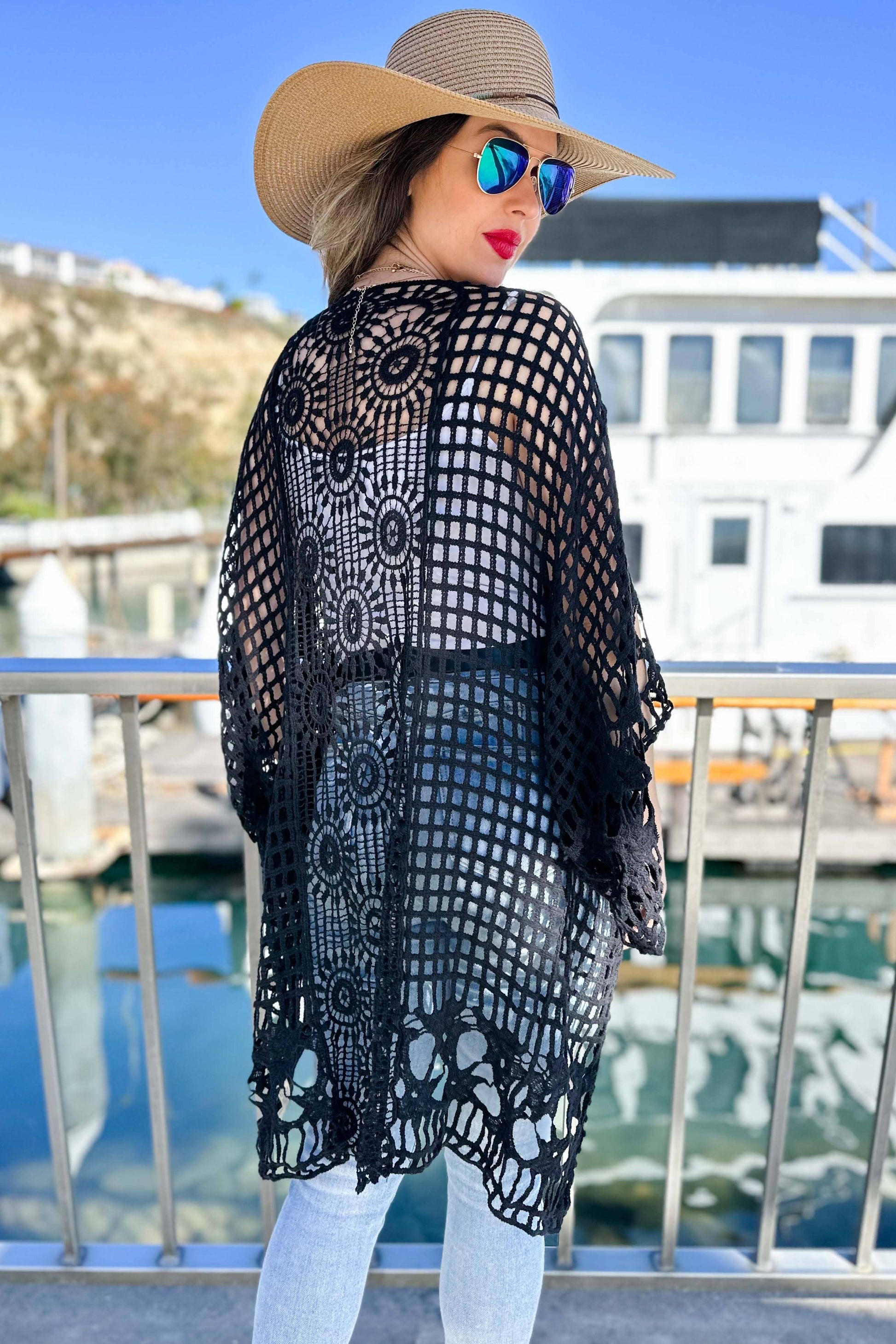 Black Floral Crochet Wide Sleeve Knitted Kimono Cardigan - Mellow Monkey
