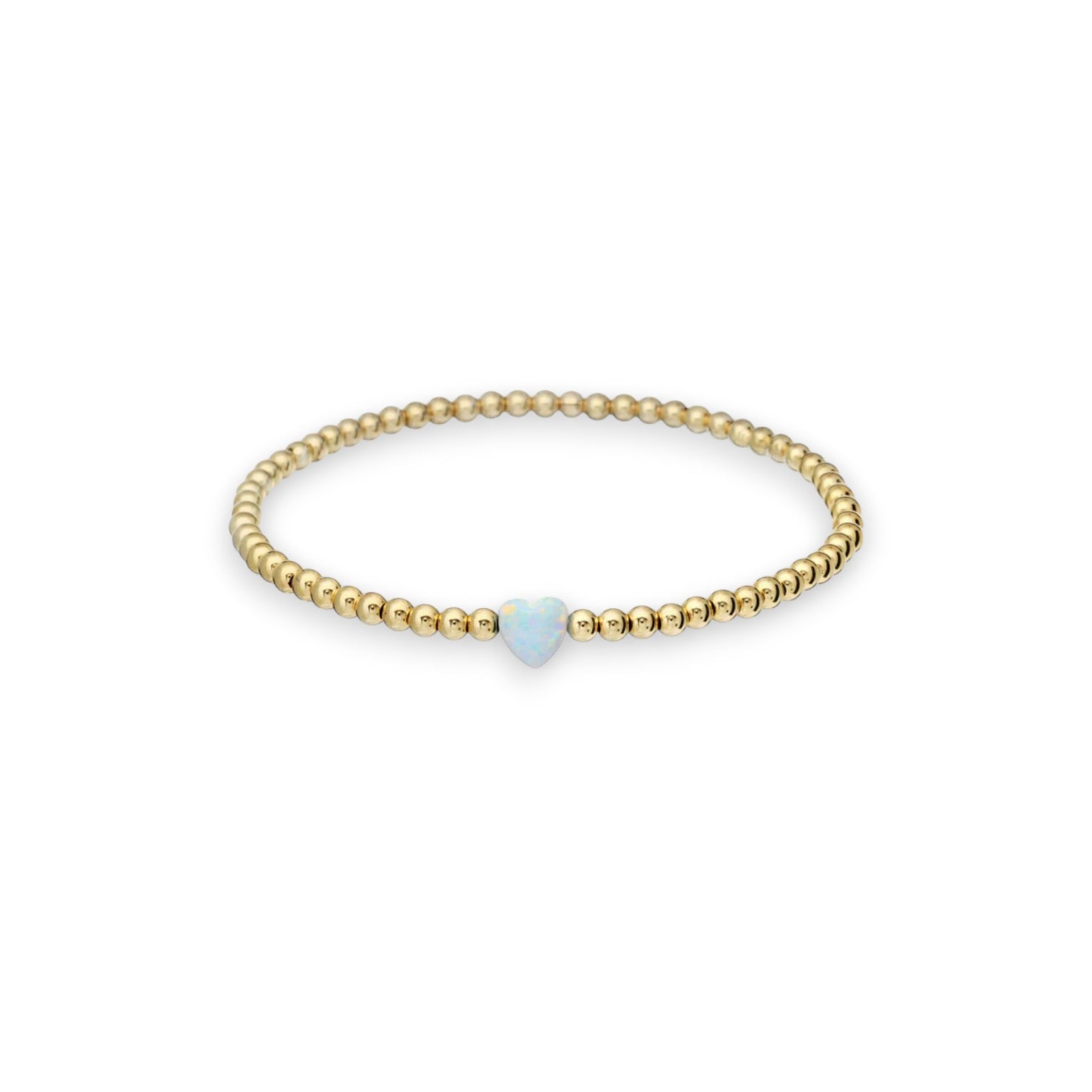 "SINGLE OPAL HEART" Small Charm and Gold Filled Ball Beaded Stretch Bracelet - Mellow Monkey