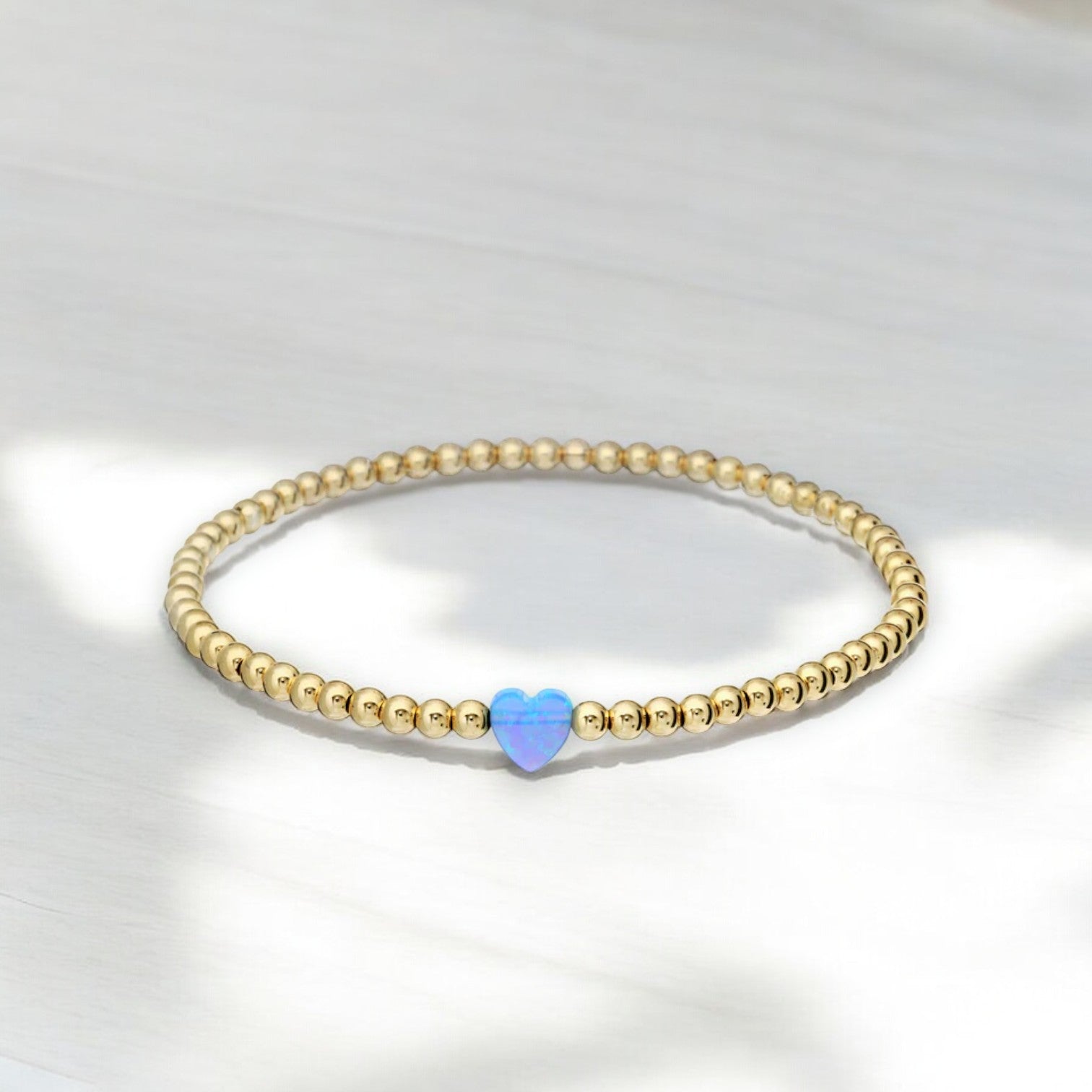 "SINGLE OPAL HEART" Small Charm and Gold Filled Ball Beaded Stretch Bracelet - Mellow Monkey