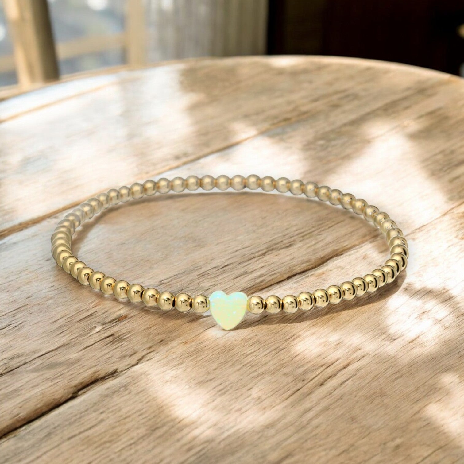 "SINGLE OPAL HEART" Small Charm and Gold Filled Ball Beaded Stretch Bracelet - Mellow Monkey