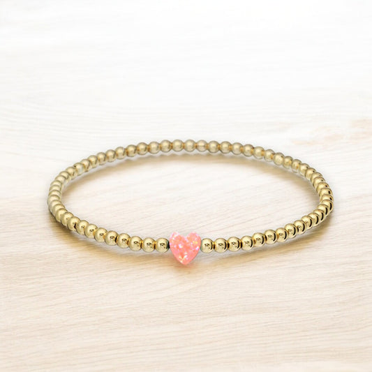 "SINGLE OPAL HEART" Small Charm and Gold Filled Ball Beaded Stretch Bracelet - Mellow Monkey