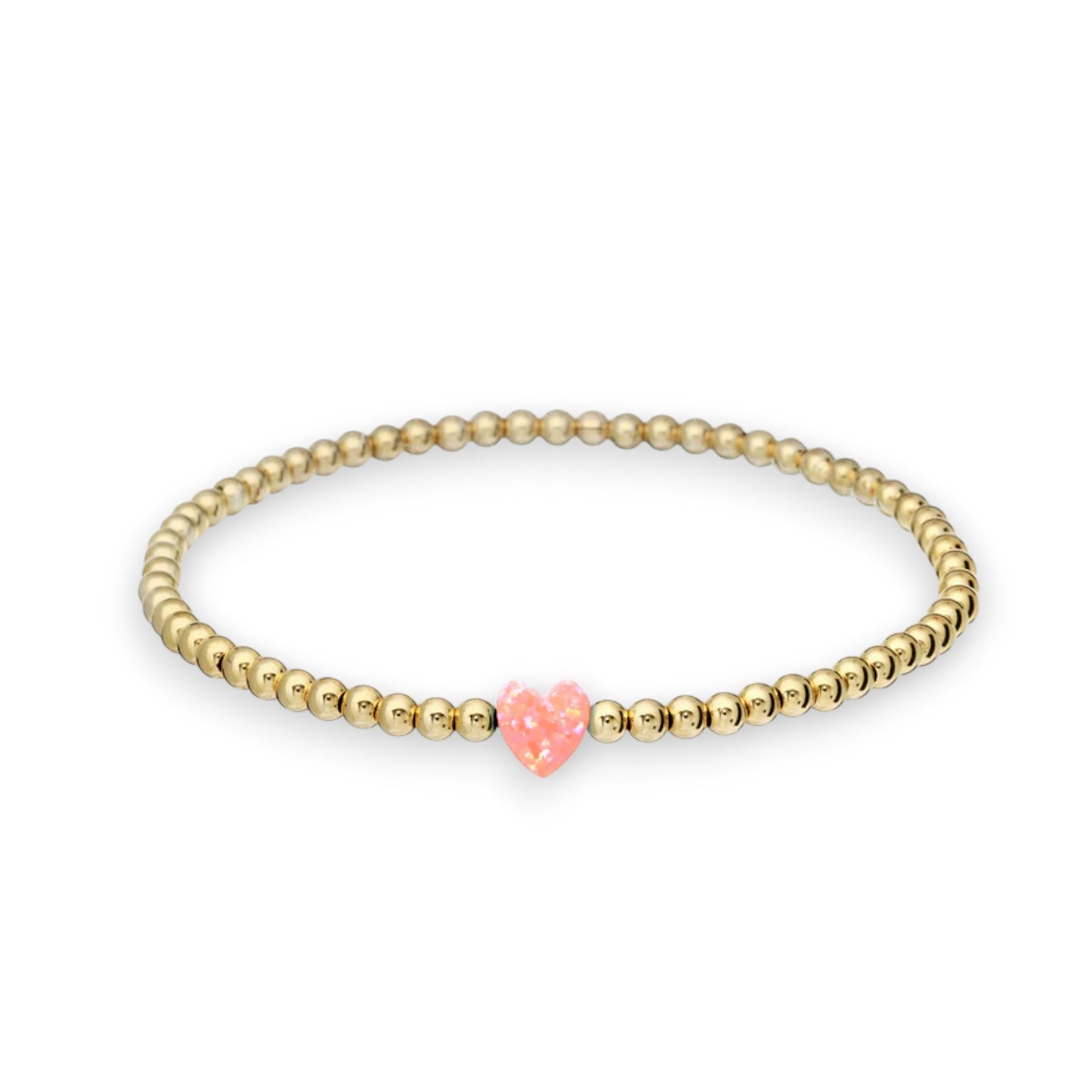 "SINGLE OPAL HEART" Small Charm and Gold Filled Ball Beaded Stretch Bracelet - Mellow Monkey