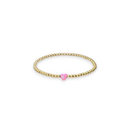"SINGLE OPAL HEART" Small Charm and Gold Filled Ball Beaded Stretch Bracelet - Mellow Monkey
