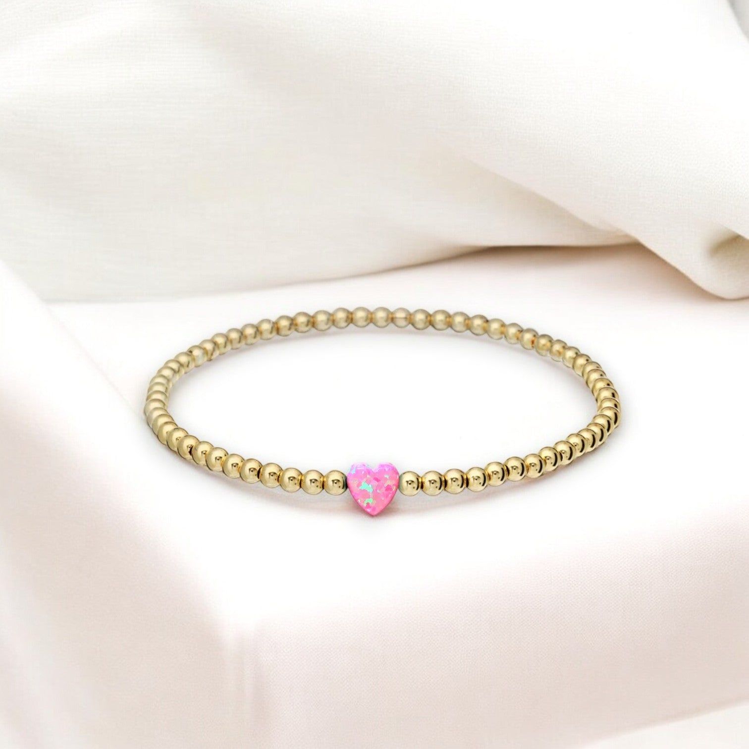 "SINGLE OPAL HEART" Small Charm and Gold Filled Ball Beaded Stretch Bracelet - Mellow Monkey