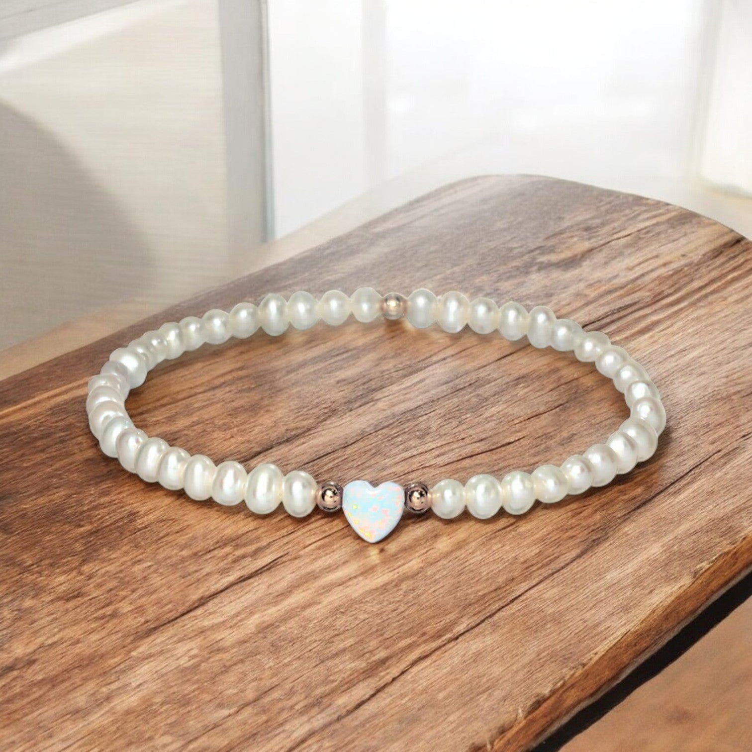 Opal Heart and Freshwater Pearls Stretch Bracelet - Mellow Monkey