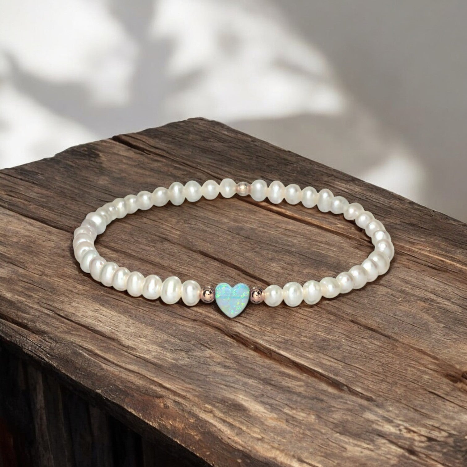 Opal Heart and Freshwater Pearls Stretch Bracelet - Mellow Monkey