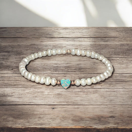 Opal Heart and Freshwater Pearls Stretch Bracelet - Mellow Monkey