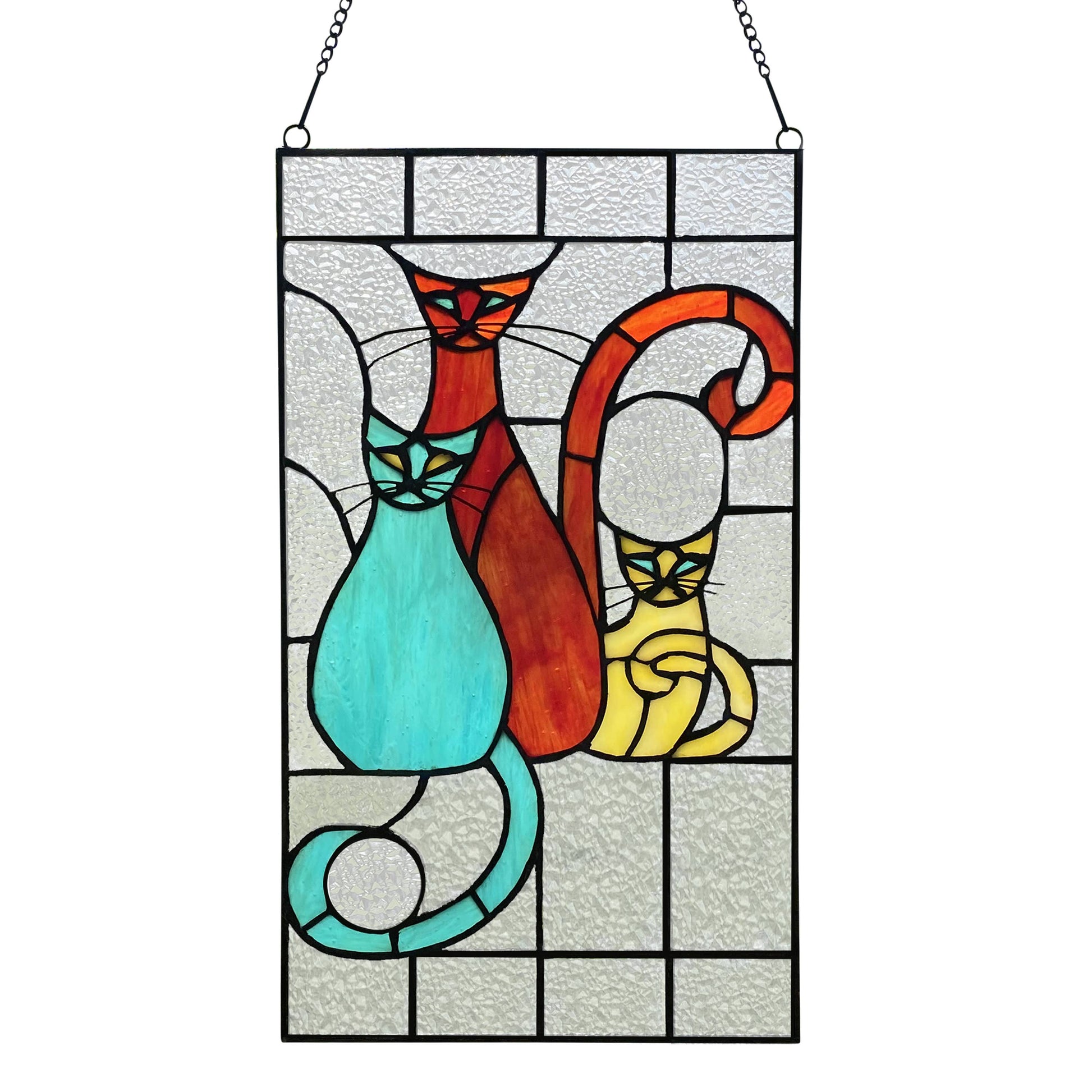 Coy Cats Trio Stained Glass Window Panel - 14-in - Mellow Monkey