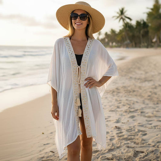 Boho Embroidered Open Front Tassel Tie Cover Up Kimono Poncho in White - Mellow Monkey
