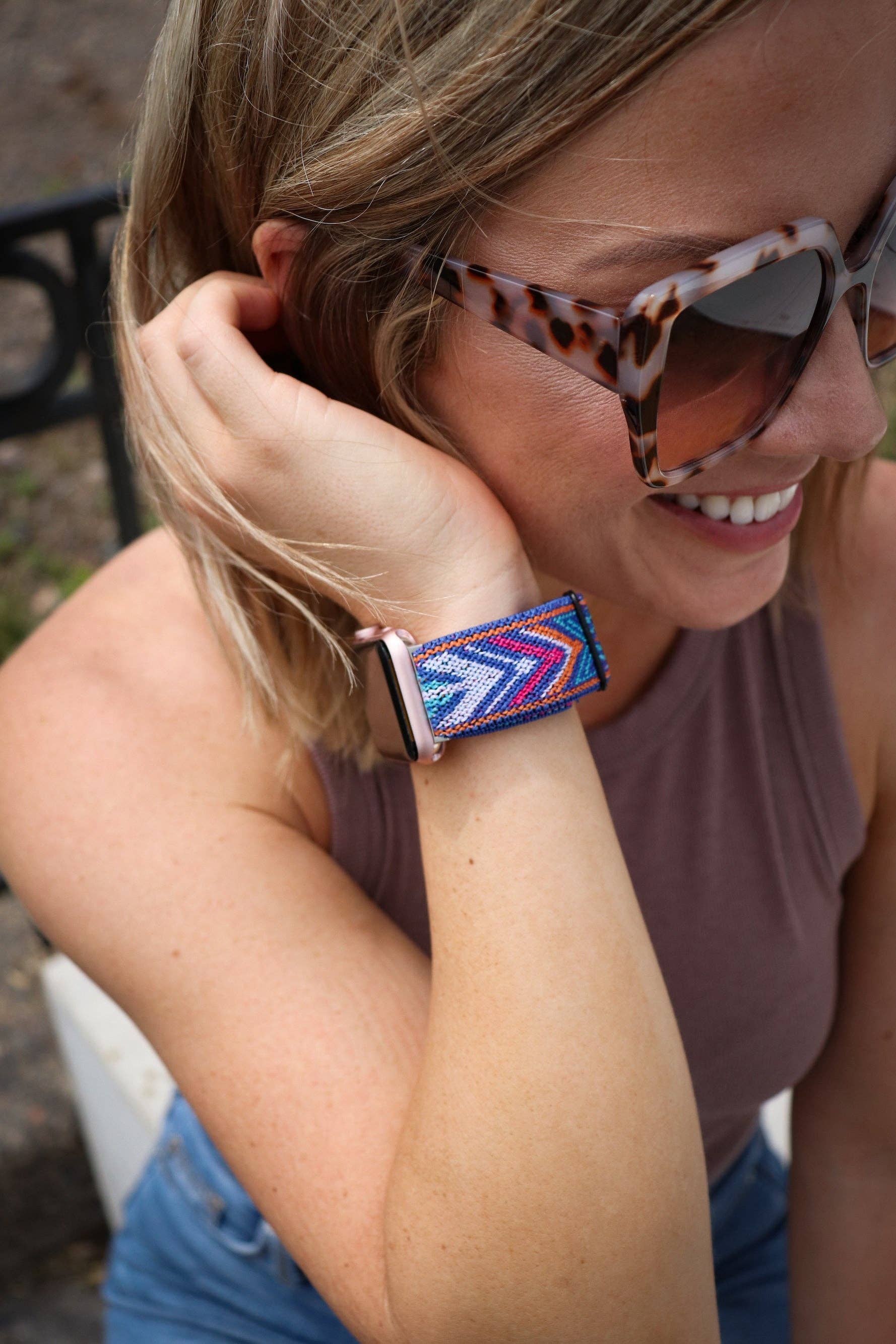 Blue Aztec Adjustable Fabric Apple Watch Band: 42/44mm - Mellow Monkey