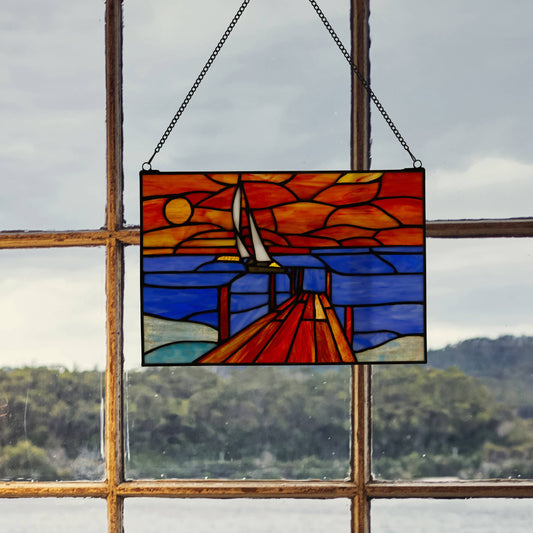 Sailboat Orange & Blue Stained Glass Window Panel - 14-in - Mellow Monkey