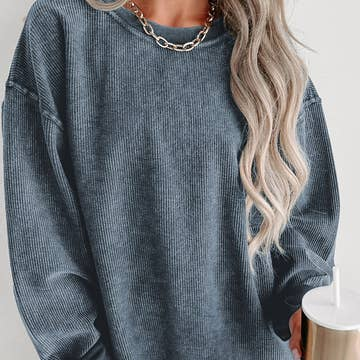 Solid Ribbed Knit Round Neck Pullover Sweatshirt - Blue - Mellow Monkey