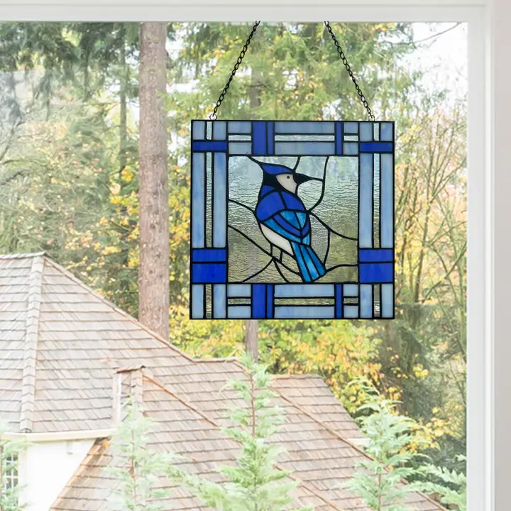 Landon the Blue Jay Stained Glass Window Pane - 11-in - Mellow Monkey