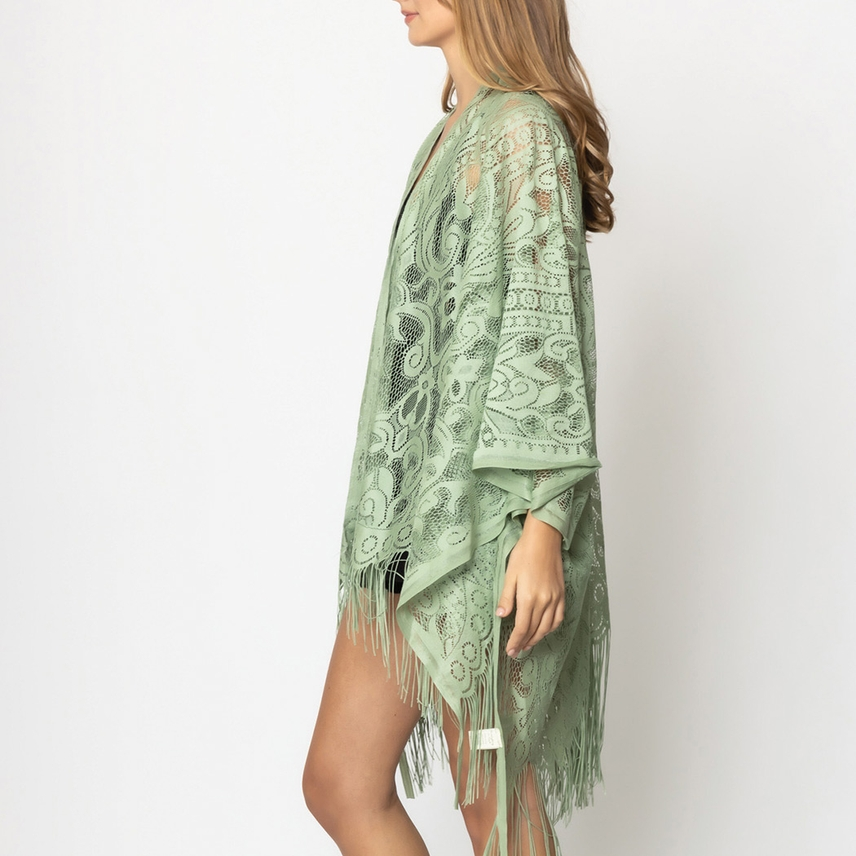 Floral Lace Open Front Kimono - Sage - Mellow Monkey