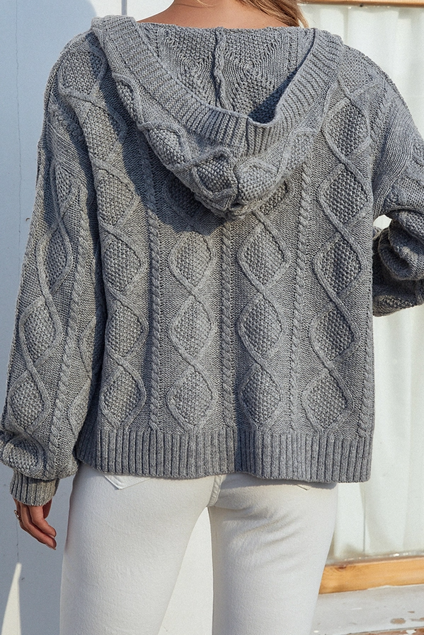 Cable Knit Front Open Hood Cardigan - Gray - Mellow Monkey