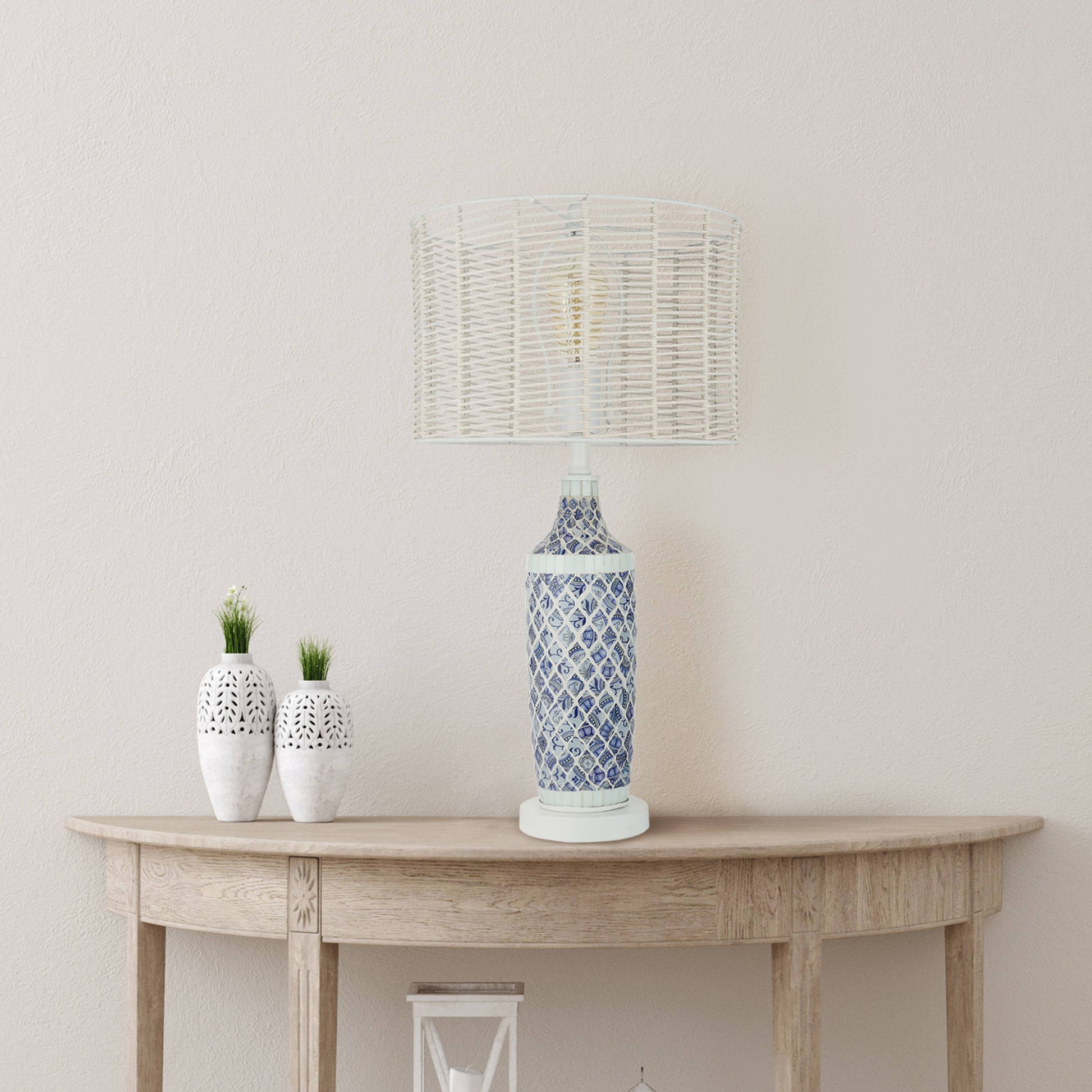 Nantucket Blue-White Mosaic & Rattan Table Lamp - 25-in - Mellow Monkey