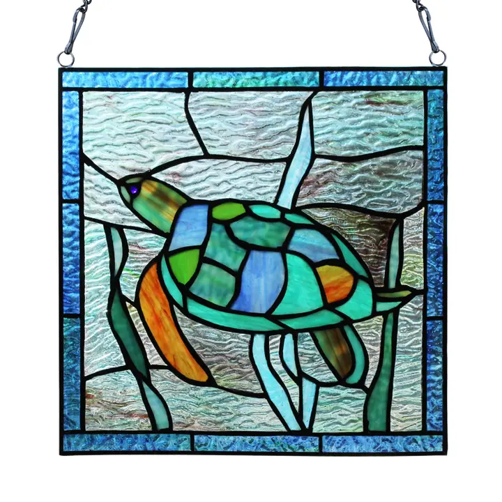 Tommy the Green Sea Turtle Stained Glass Window Pane - 10-1/2-in - Mellow Monkey