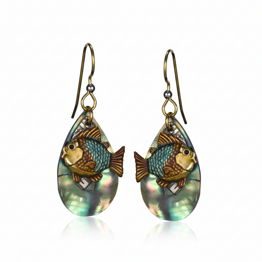 Silver Forest Blue & Bronze Fish over Textured Tear Drop Genuine Shiny Shell Earrings NE-0419 - Mellow Monkey
