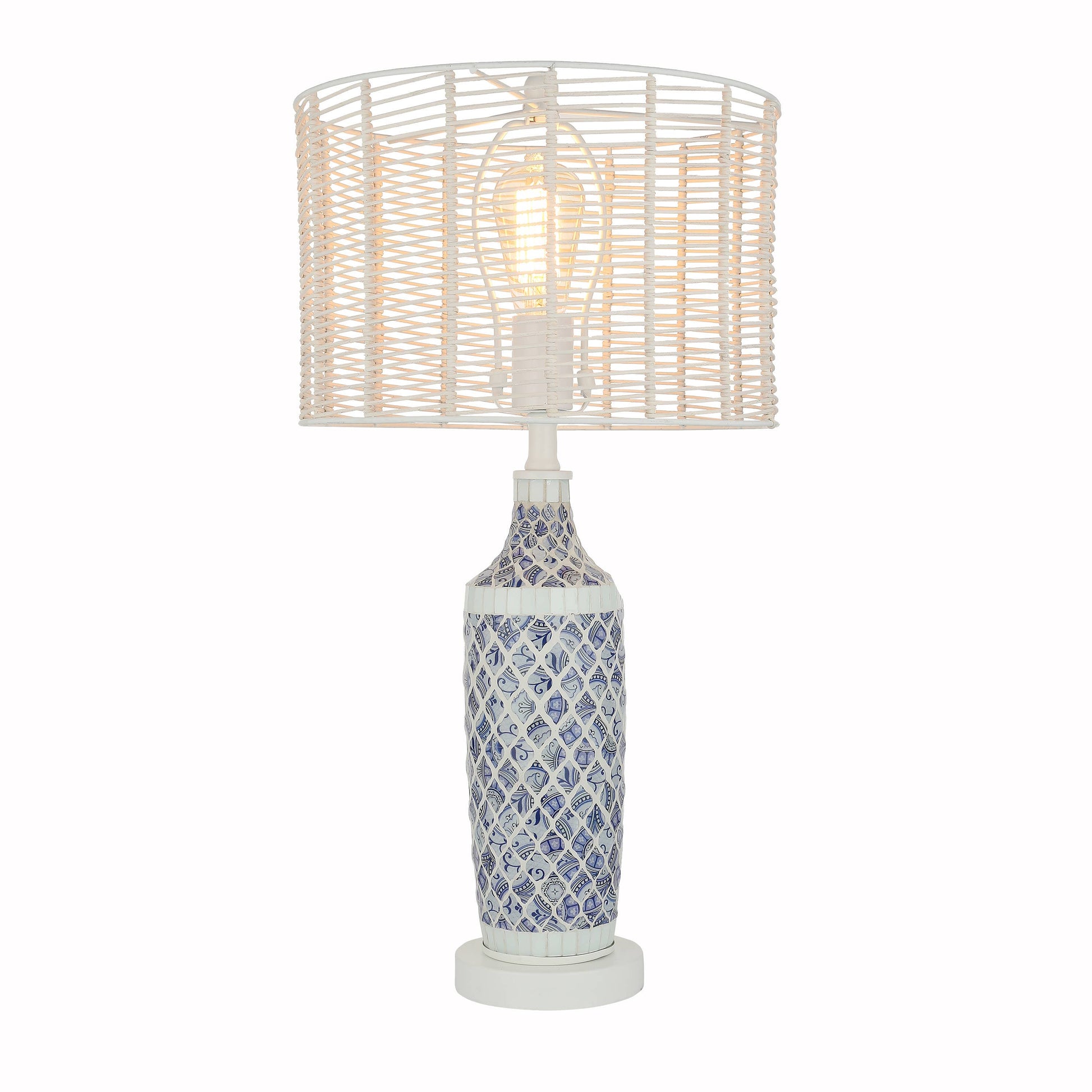 Nantucket Blue-White Mosaic & Rattan Table Lamp - 25-in - Mellow Monkey