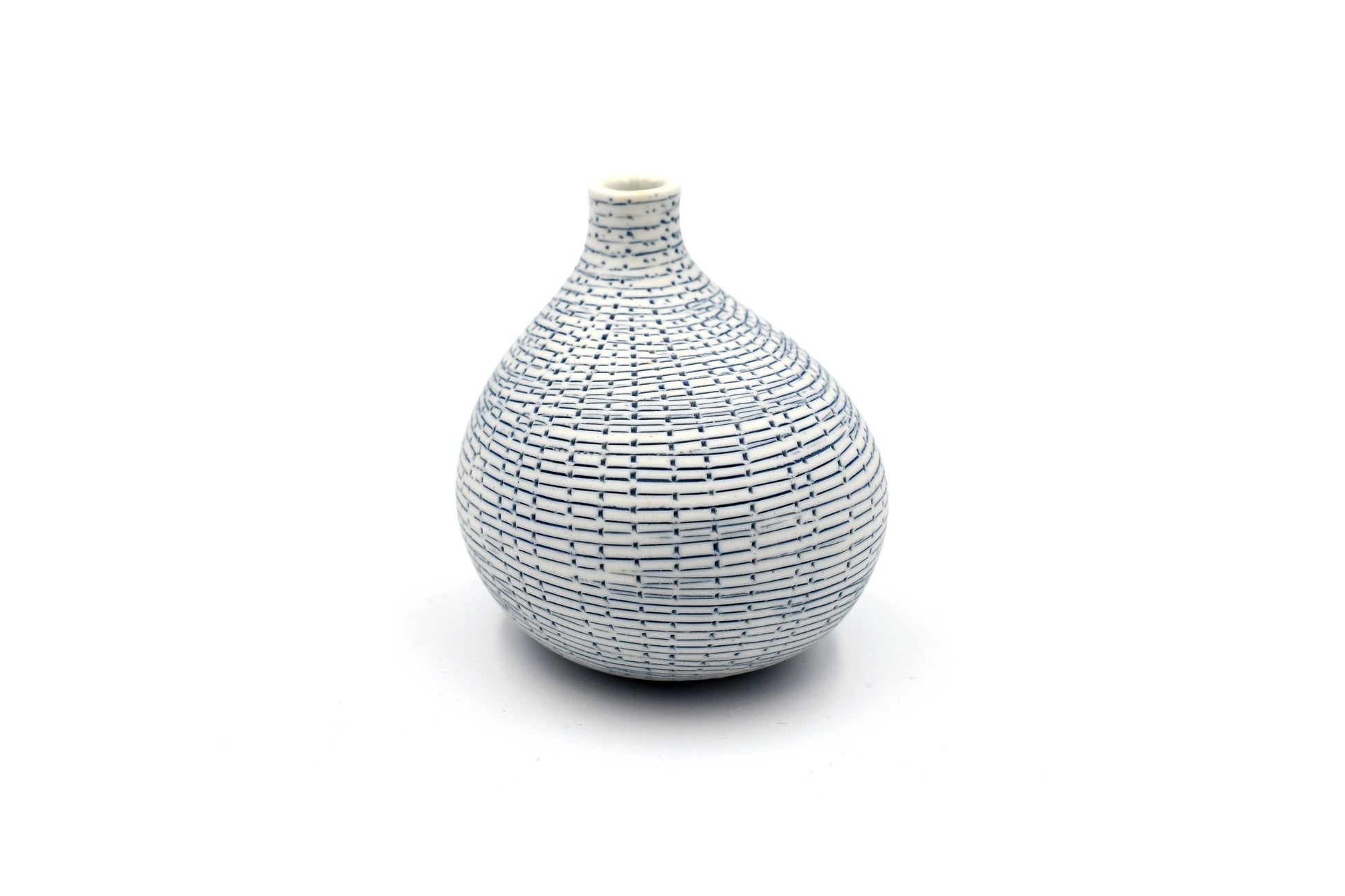 Mini Omo - Handcrafted Porcelain Bud Vase -White with Blue Grid Pattern - 2.7 x 2 x 2.8 in - Mellow Monkey
