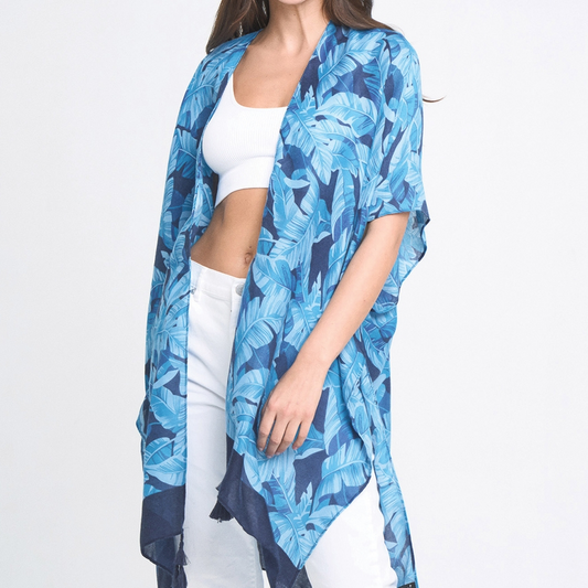 Vibrant Palm Leaf Print Kimono - Blue - Mellow Monkey