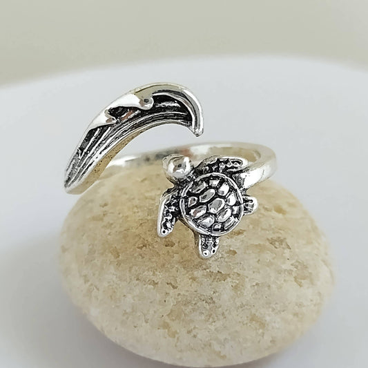 Silver Turtle Wave Ring - Adjustable