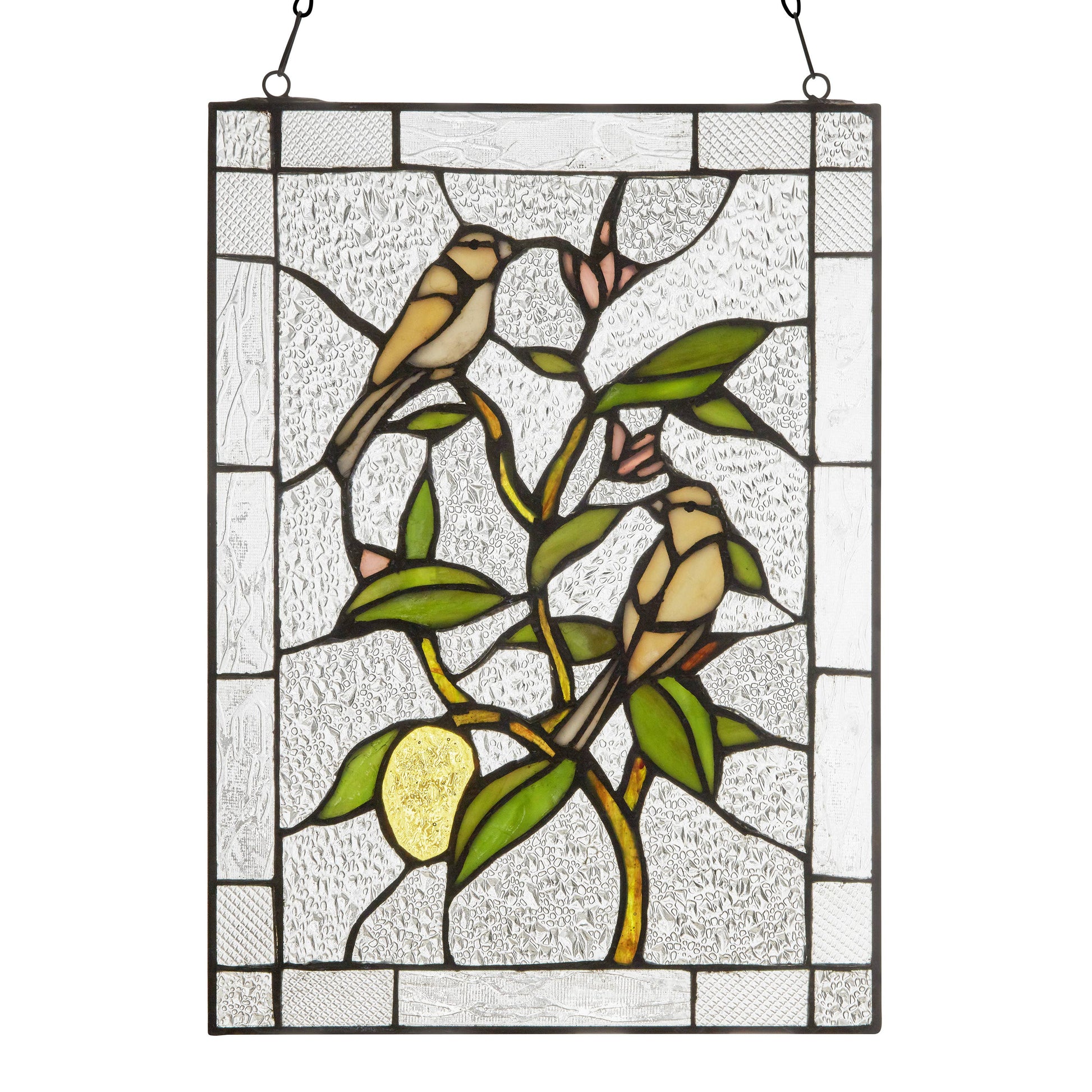 Birds in a Lemon Tree Stained Glass Window Panel - 14-in - Mellow Monkey
