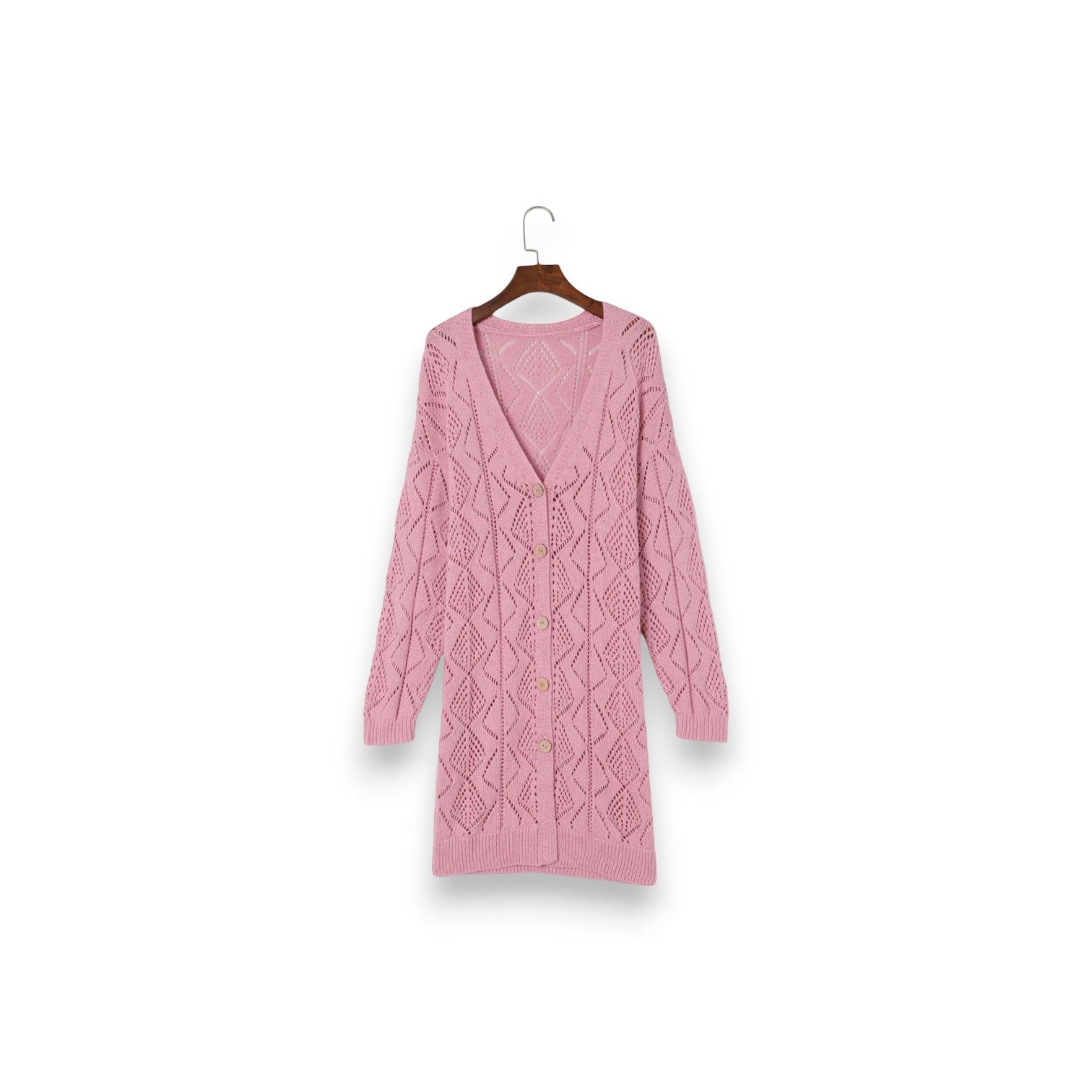 Hollow-Out Openwork Knit Cardigan - Pink - Mellow Monkey