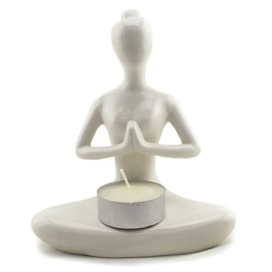 Ceramic Candle Holder - Yoga Lady Prayer - White - Mellow Monkey