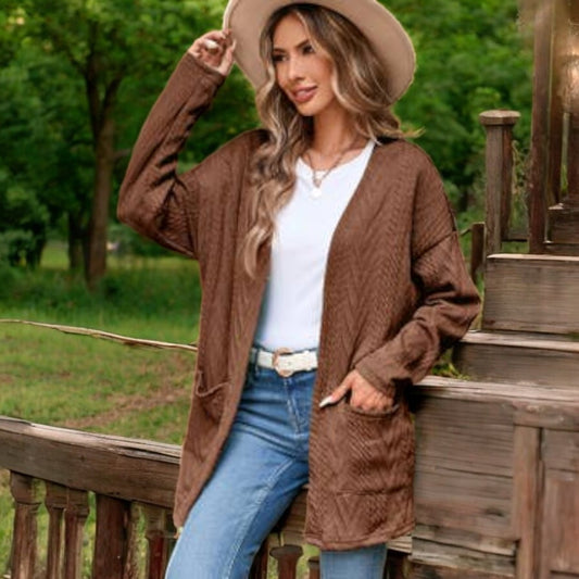 Textured Knit Open Front Cardigan with Pocket - Coffee