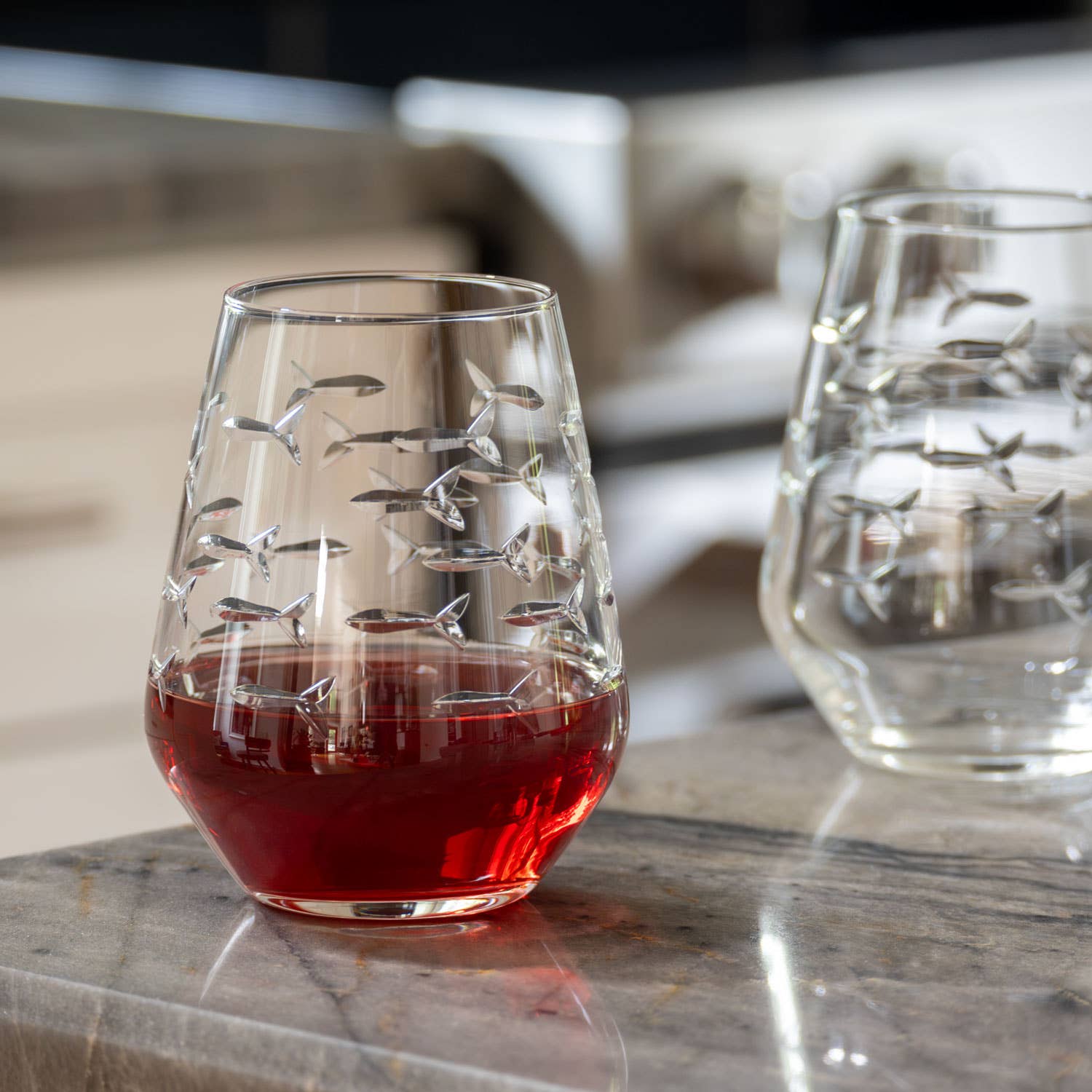 School of Fish Stemless Wine Glass - 18-oz Clear - Mellow Monkey