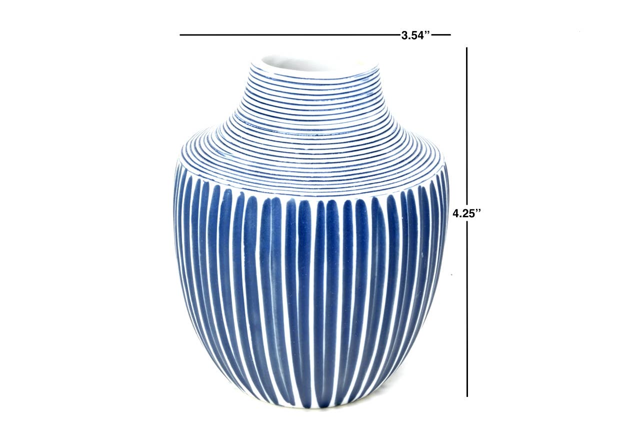 Mini Inca - Handcrafted Porcelain Vase - Blue with White Stripes - 3.5 x 3.5 x 4.3 in - Mellow Monkey