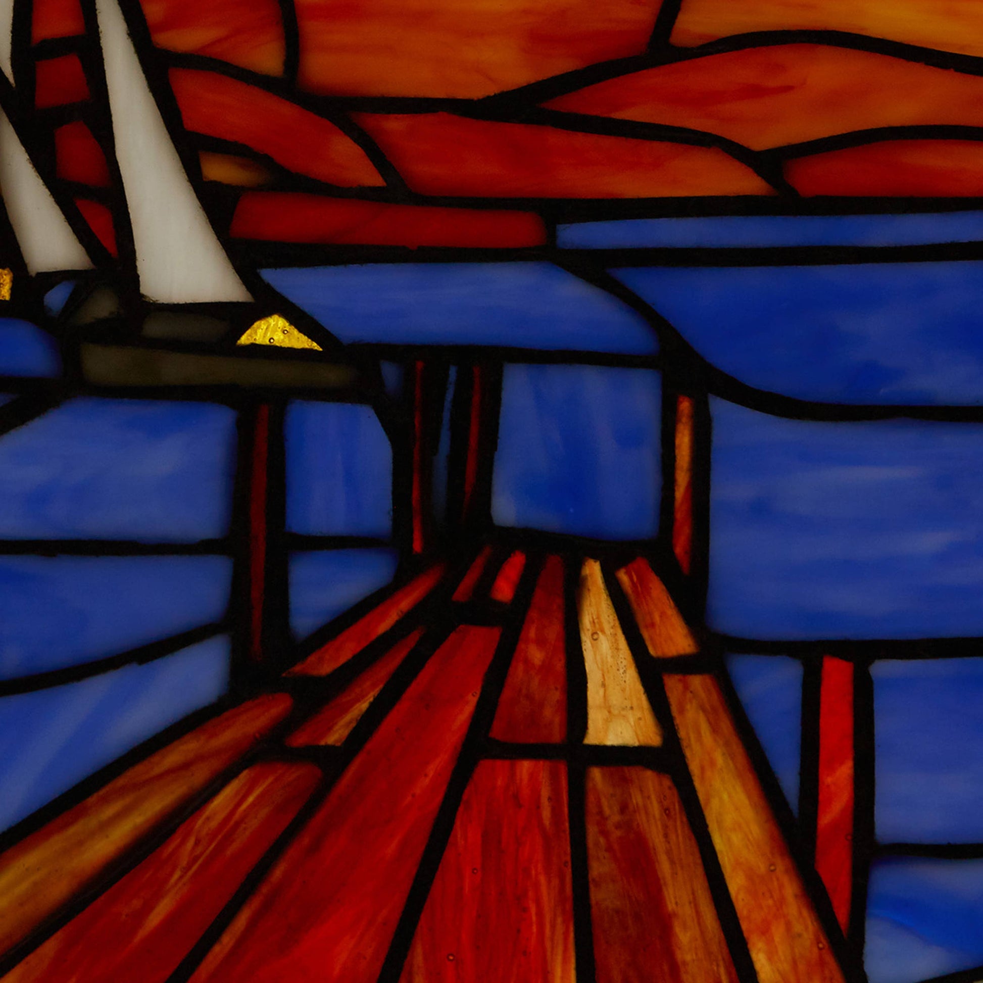 Sailboat Orange & Blue Stained Glass Window Panel - 14-in - Mellow Monkey