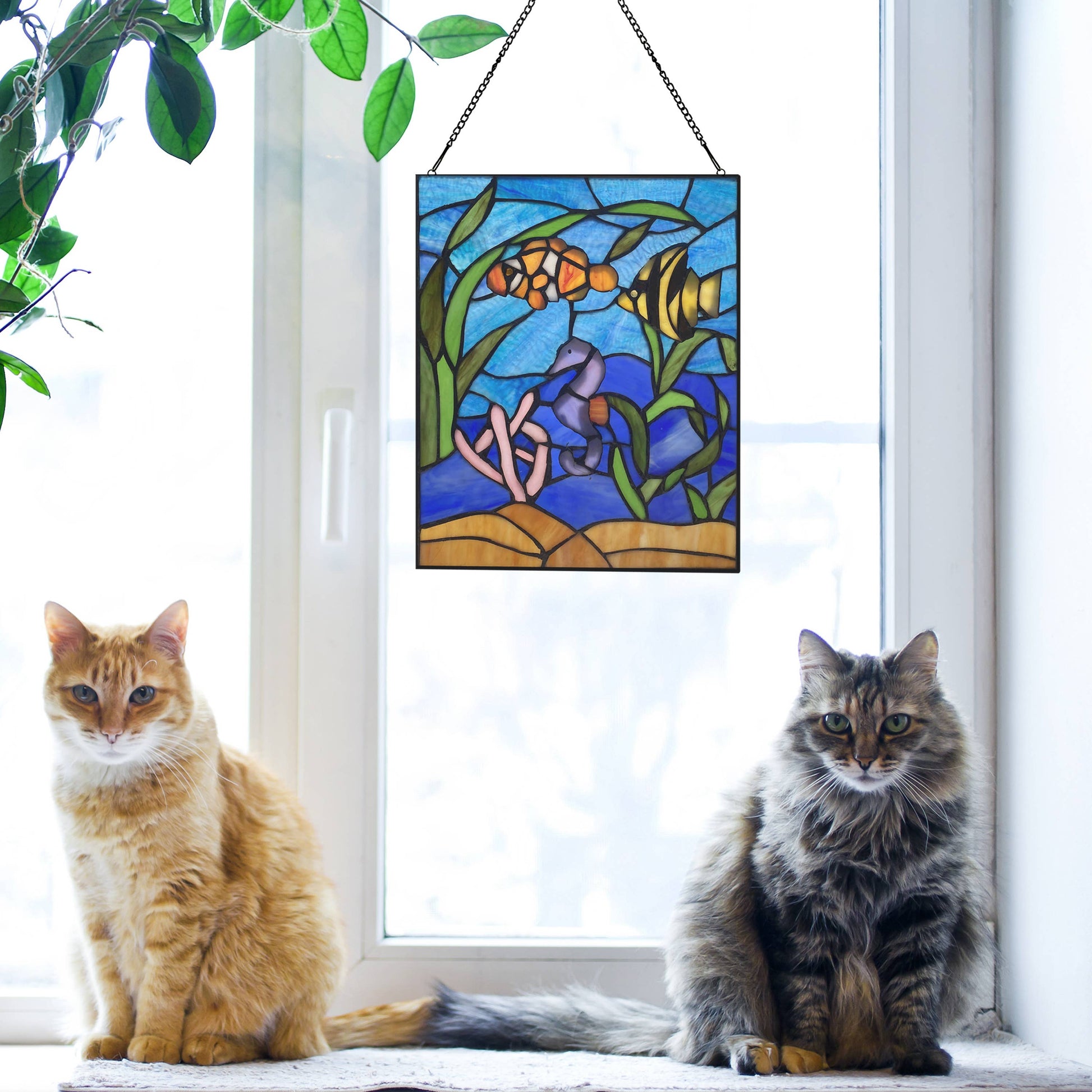 Underwater Blue Ocean Scene Stained Glass Window Panel - 14-in - Mellow Monkey