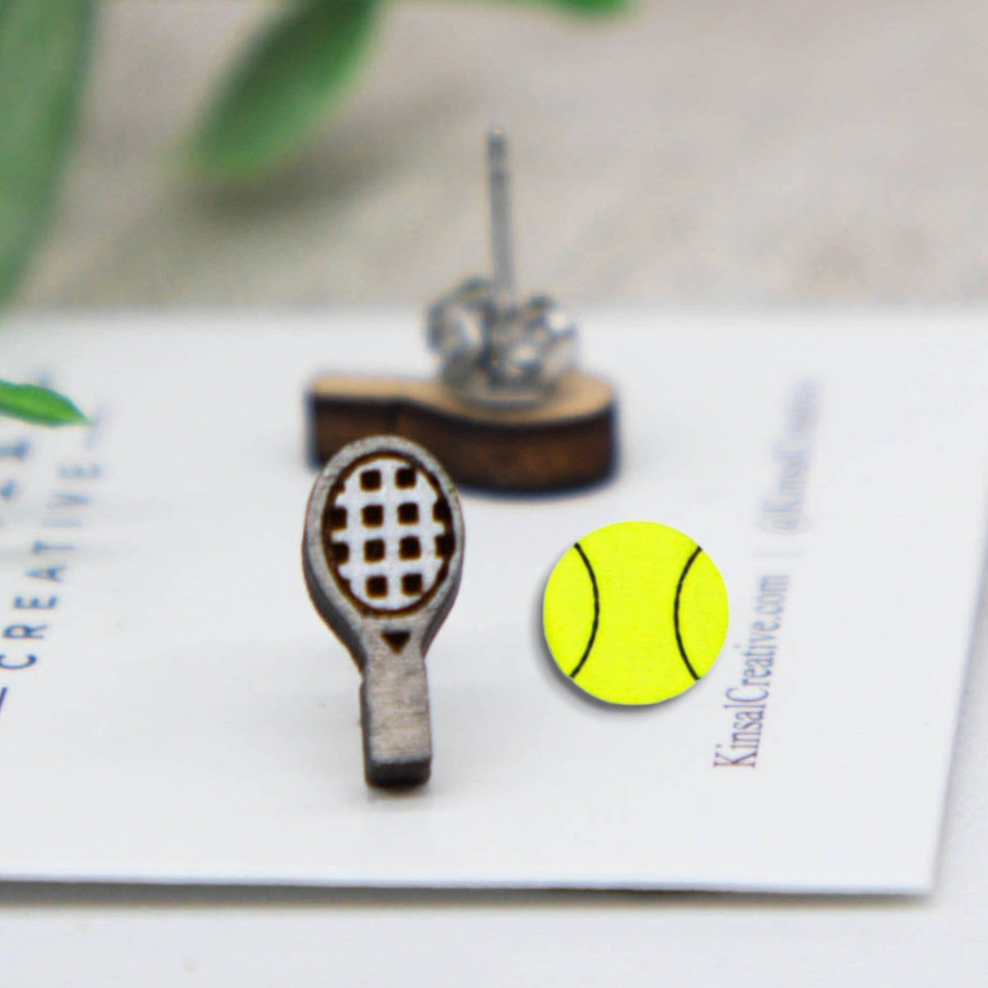 Tennis Ball and Racket - Wood and Stainless Steel Stud Earrings - Mellow Monkey