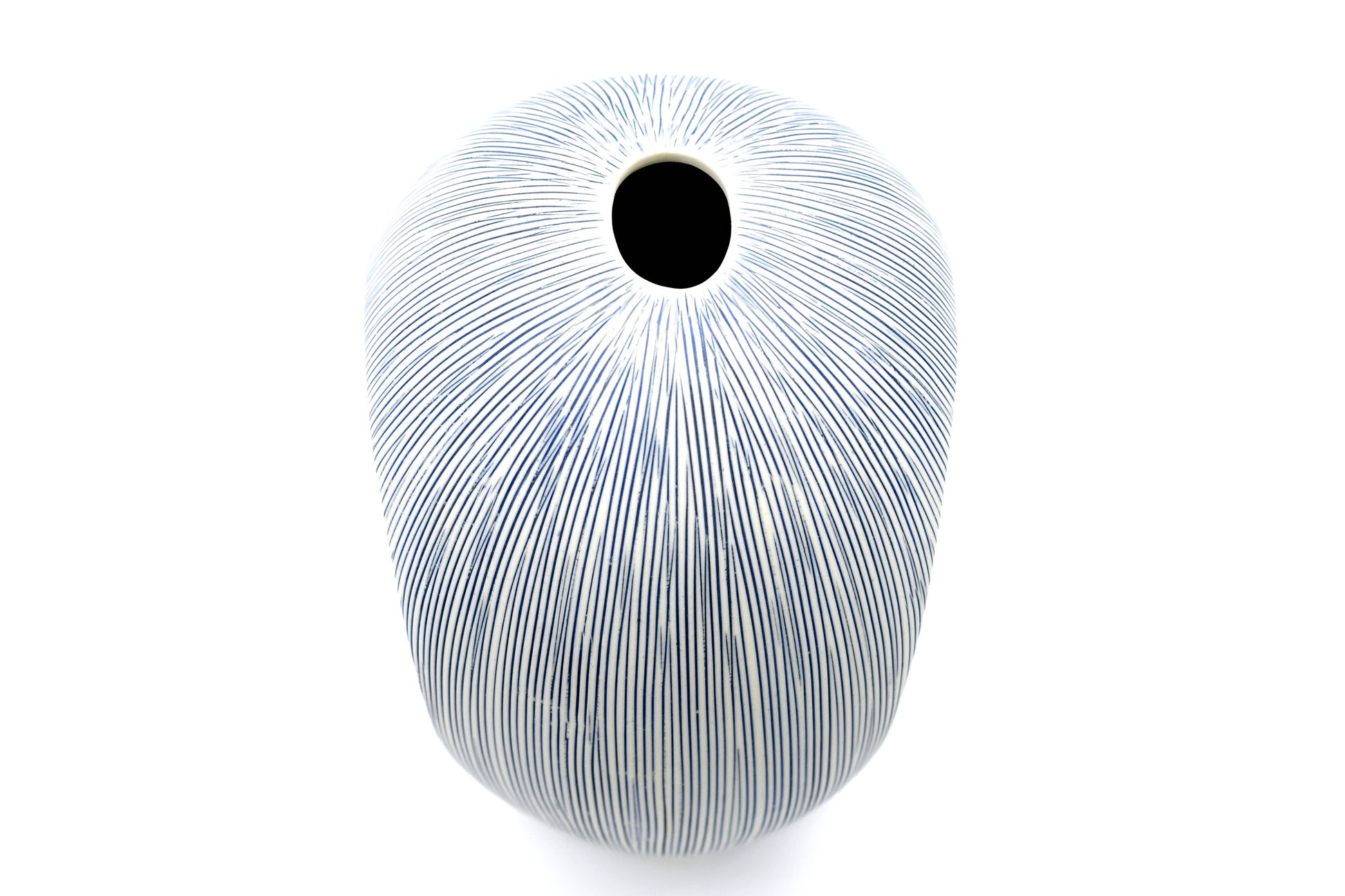 Artura - Handcrafted Porcelain Vase - White with Blue Stripes - 4.7 x 6.3 x 8.7 in - Mellow Monkey