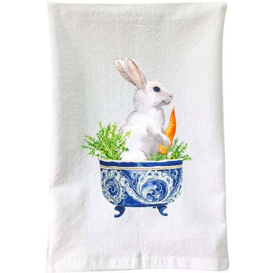 White Bunny in Blue & White Bowl Flour Sack Towel - Mellow Monkey